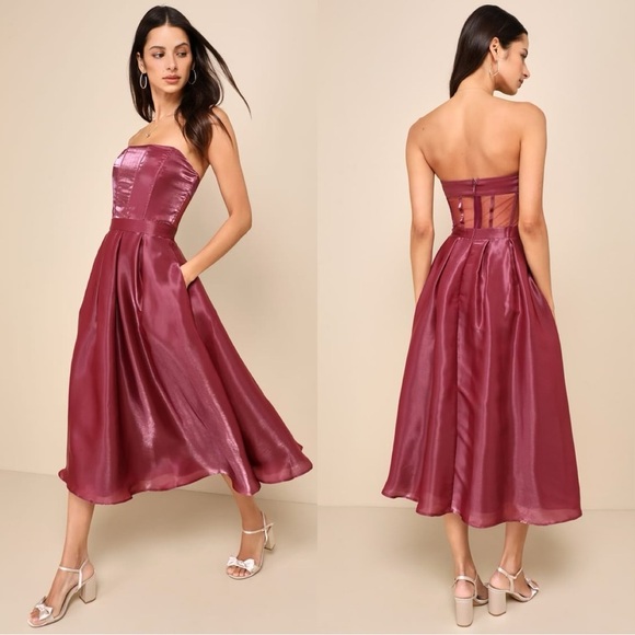 Size M - Lulus Radiant Direction Mauve Purple Strapless Midi Dress With Pockets‎ - Picture 1 of 8